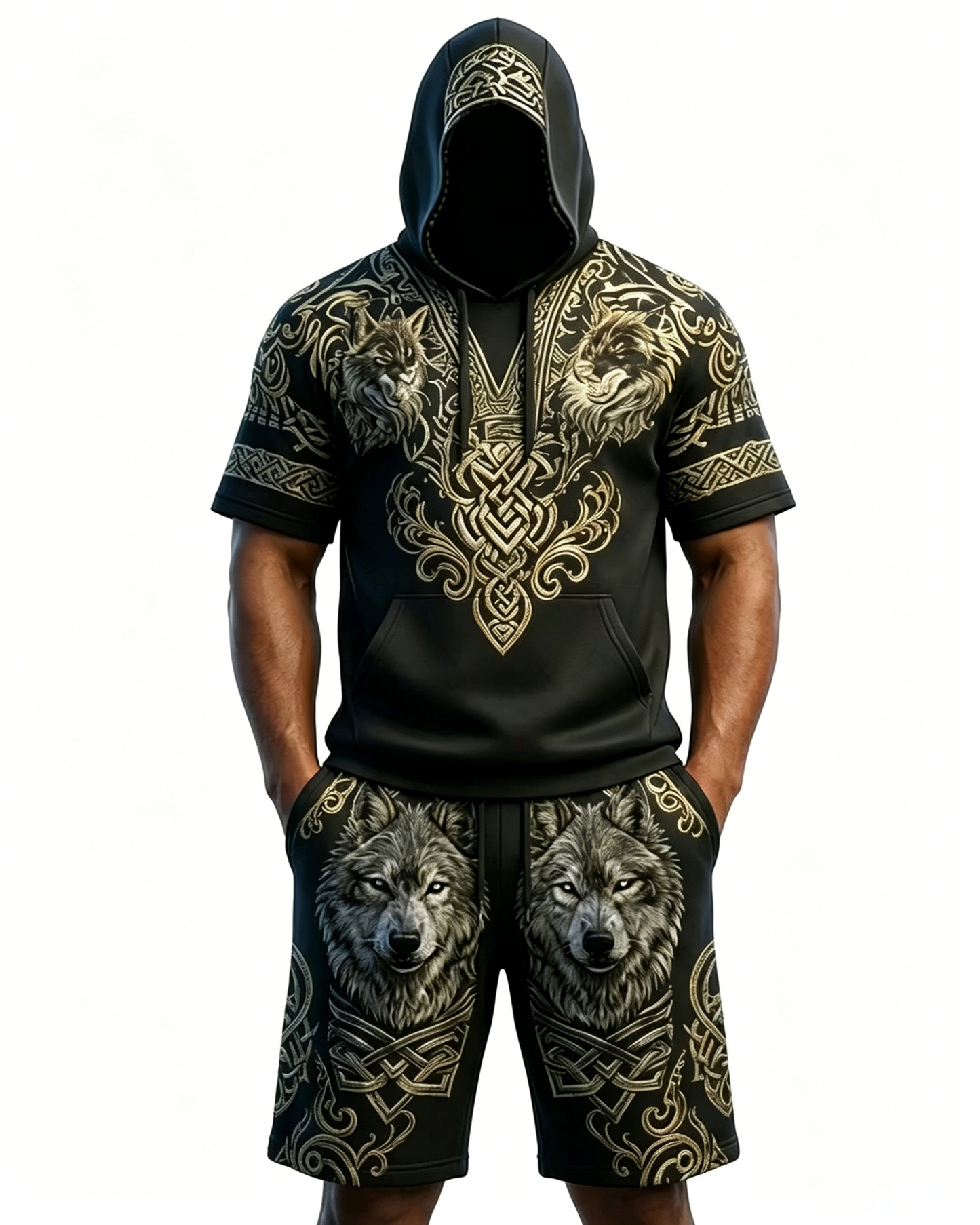 Men's Viking Contrast Color Wolf Embroidered Short-Sleeve Hoodie & Shorts Two-Piece Set