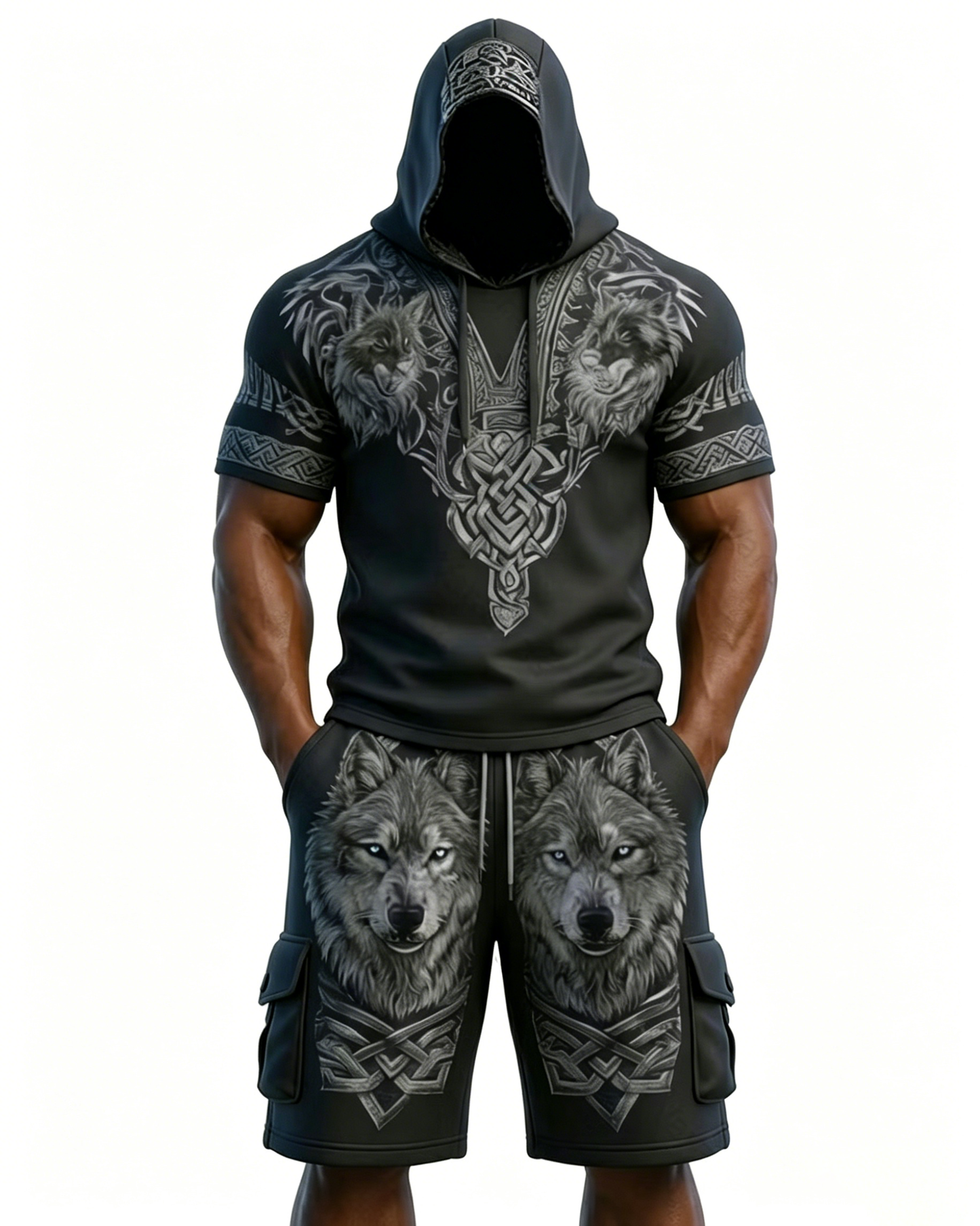 Men's Viking Contrast Color Wolf Embroidered Short-Sleeve Hoodie & Shorts Two-Piece Set