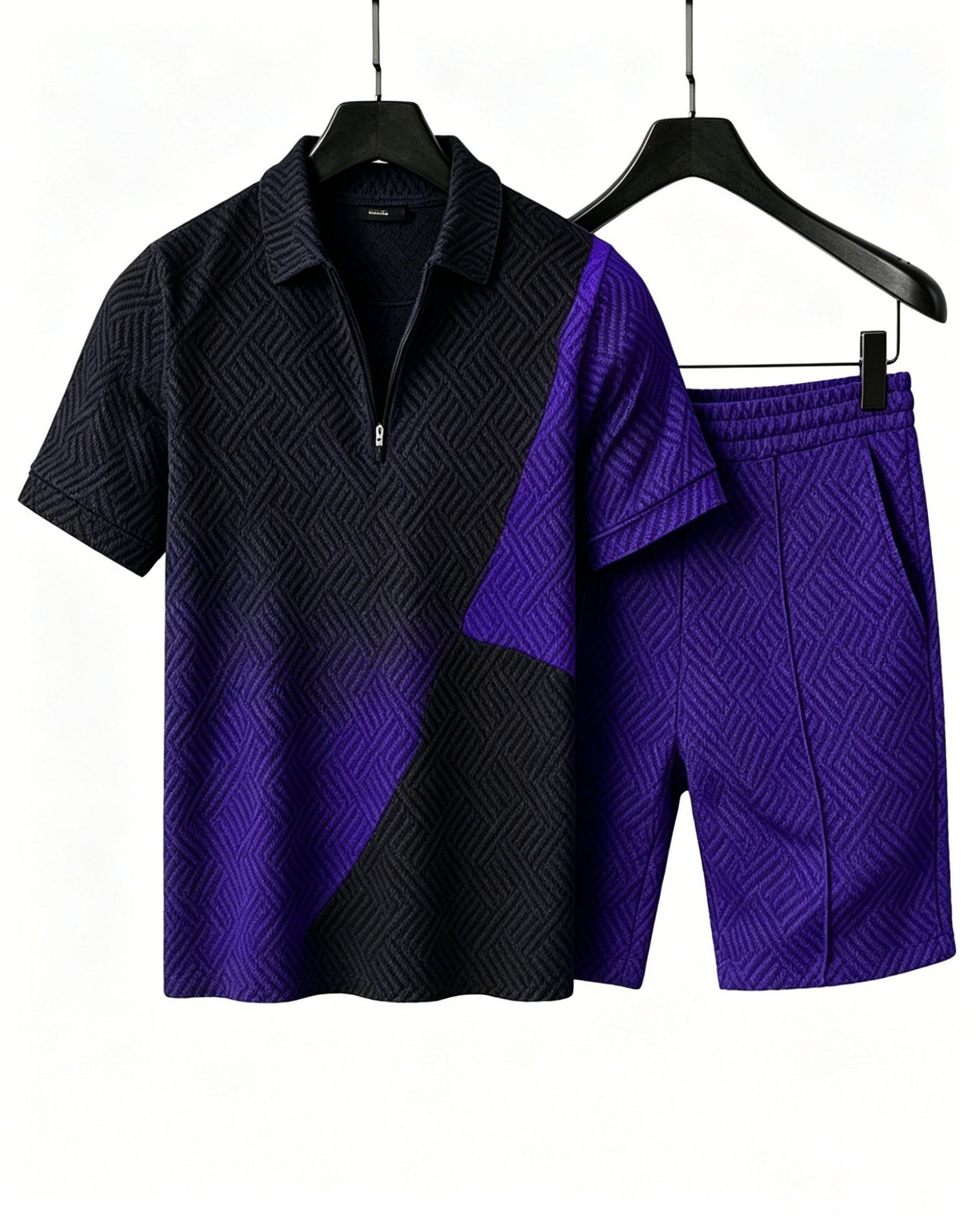 Color Block Textured Polo Shirt and Shorts Set