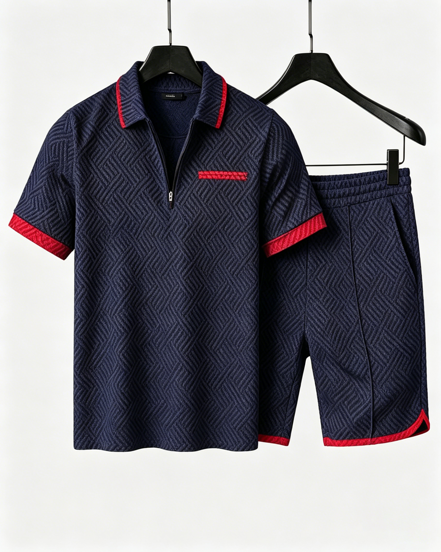 Textured Quarter-Zip Polo and Shorts Set with Red Trim