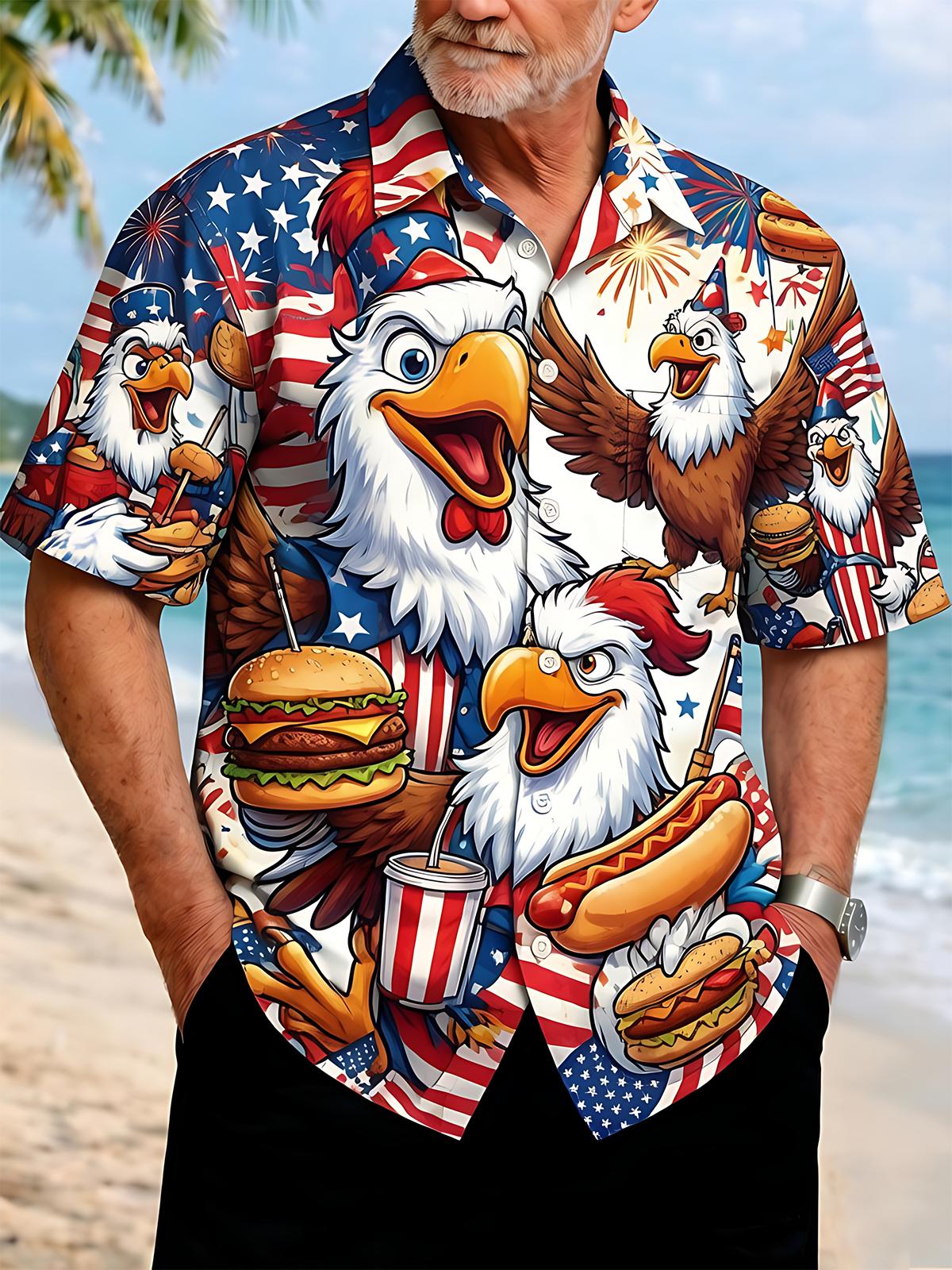 Fun Independence Day Cartoon Eagle With Hot Dogs & Burgers Men's Pocket Short Sleeve Shirts