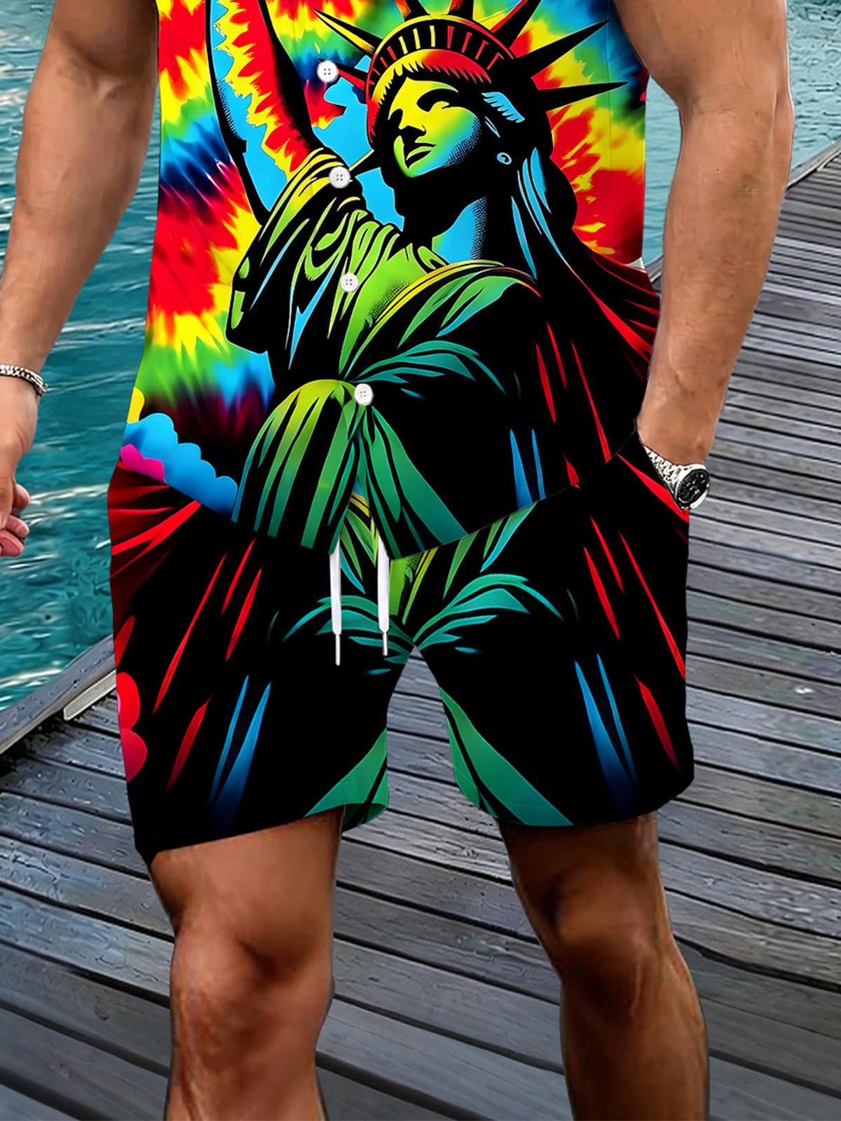 The Statue Of Liberty Tie Dye Men's Pocket Short Sleeve Sets