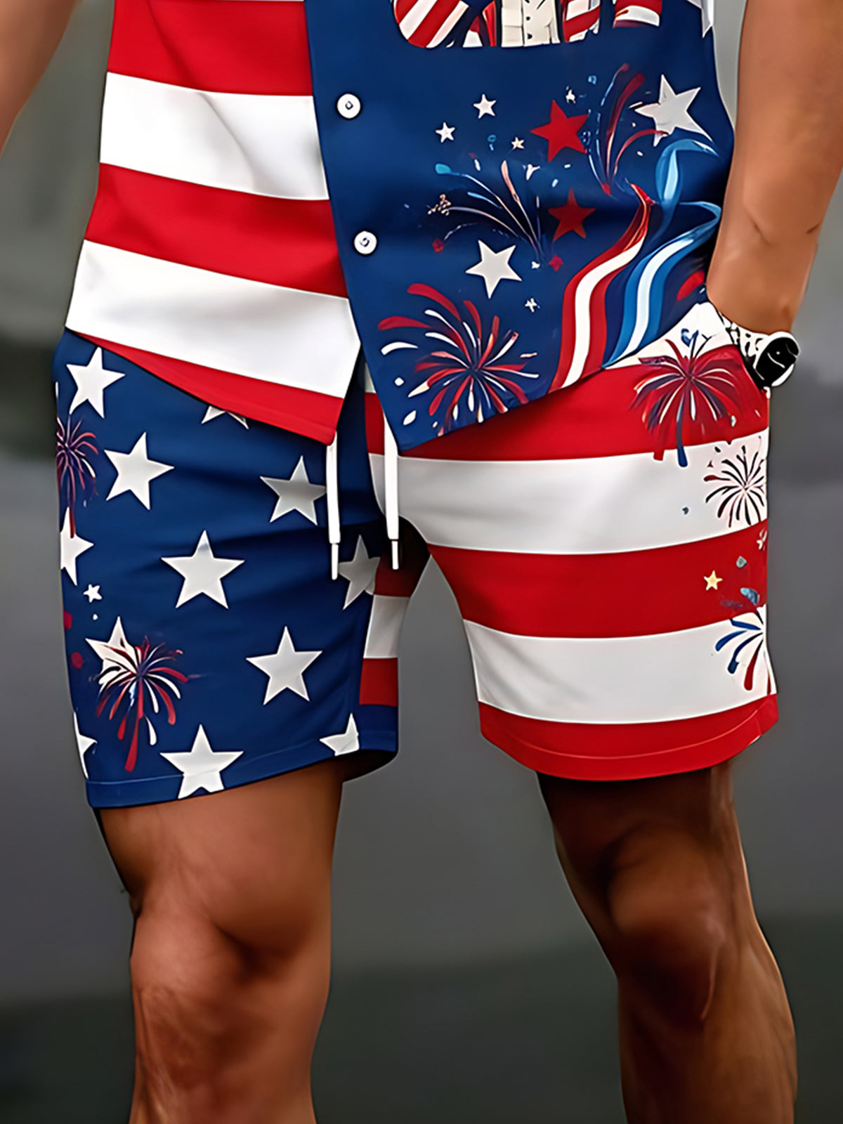 Independence Day Uncle Sam American Flag Split Men's Pocket Short Sleeve Set