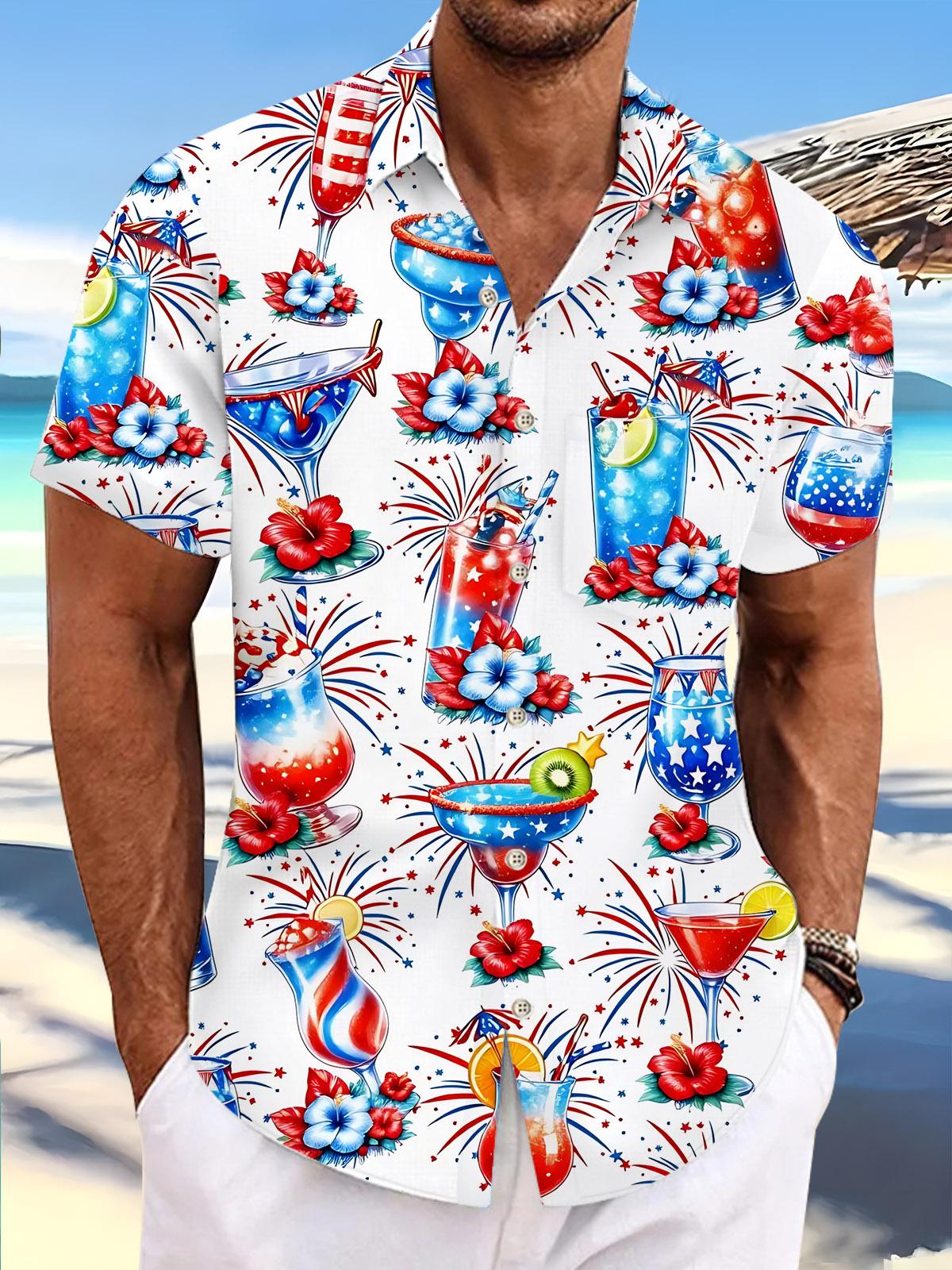 Independence Day cocktail American Flag Flower Print Men's Pocket Short Sleeve Shirts