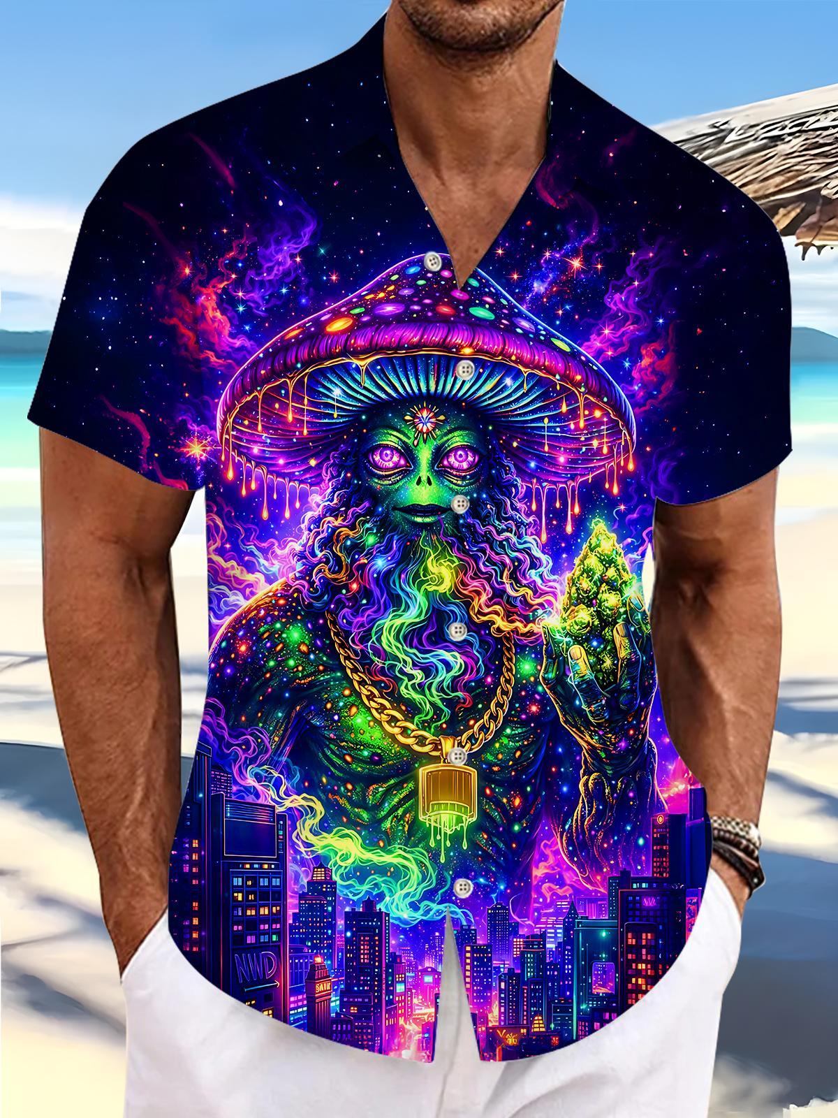 Dark Neon Mushroom Figure City Night View Men's Pocket Short Sleeve Shirts