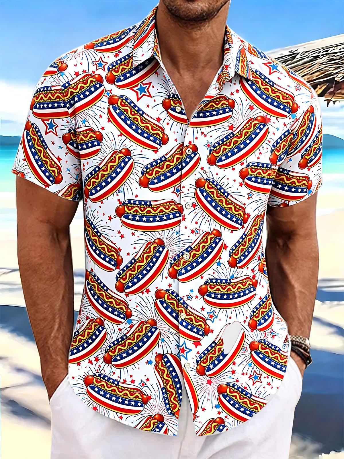 Independence Day American Flag Hot Dog Print Men's Pocket Short Sleeve Shirts