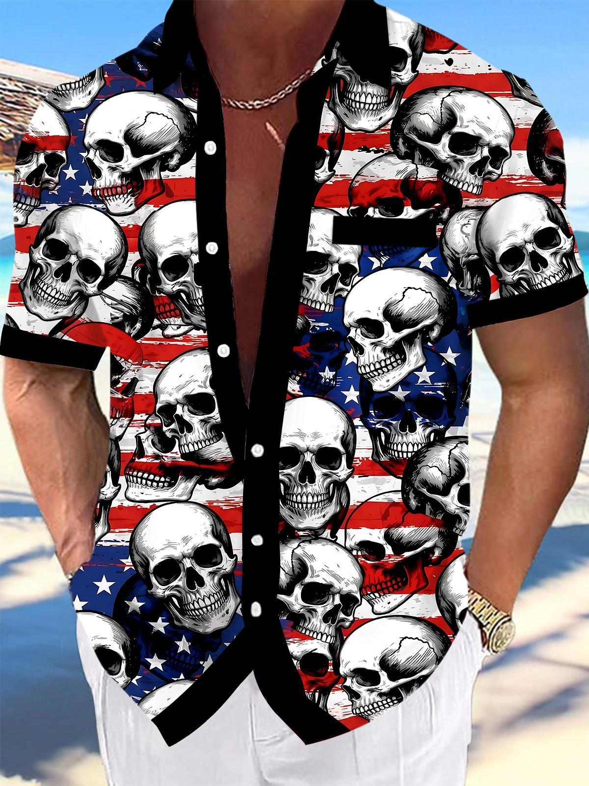 Independence American Flag Skull Men's Pocket Short Sleeve Shirts