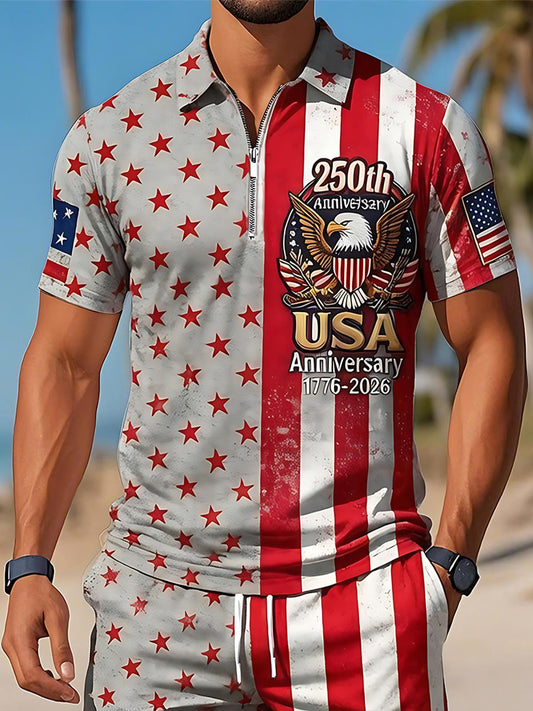 USA 250th Anniversary Bald Eagle Vintage American Flag Independence Day Men's Short Sleeve Zipper Polo Sets