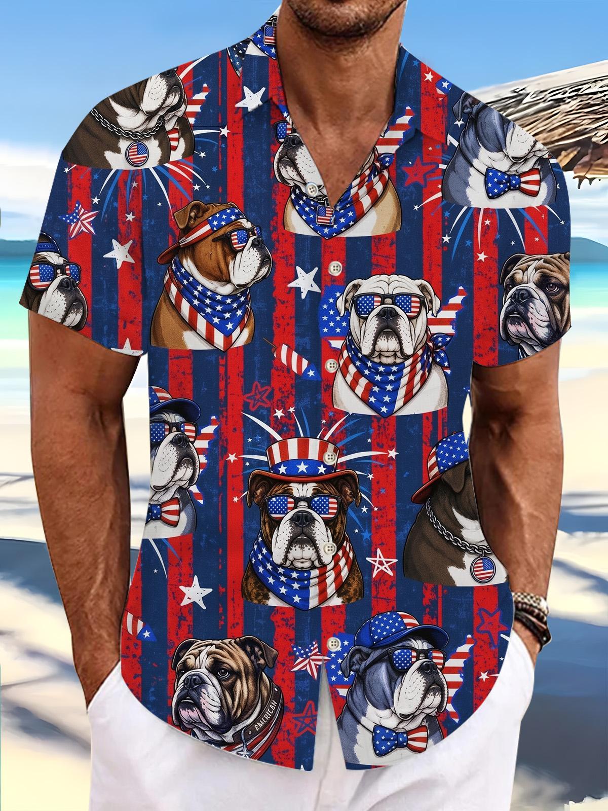 Independence Day American Flag Sunglasses Bulldog Print Men's Pocket Short Sleeve Shirts