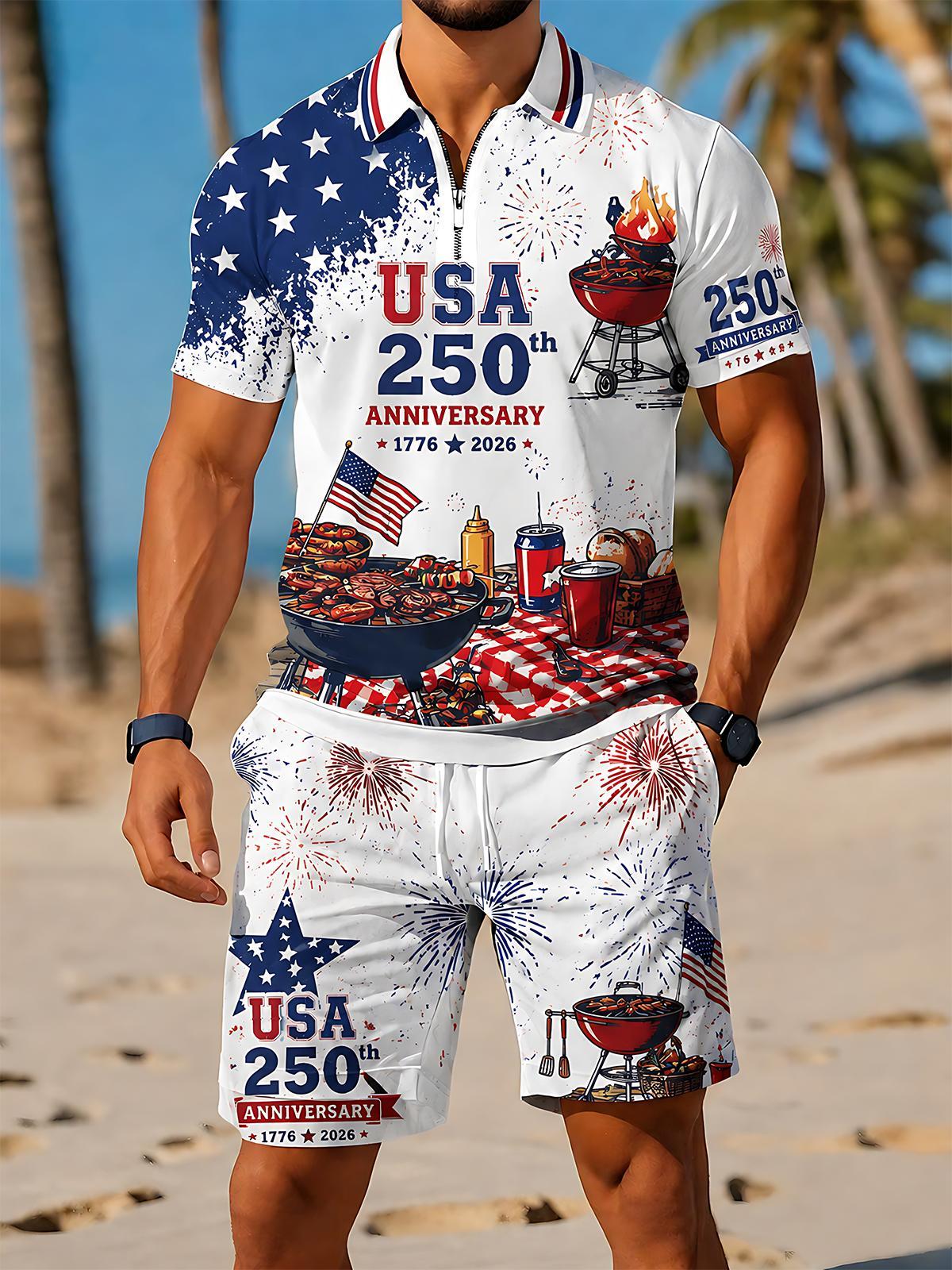 Independence Day USA 250th Anniversary BBQ Party Men's Print Pocket Shorts