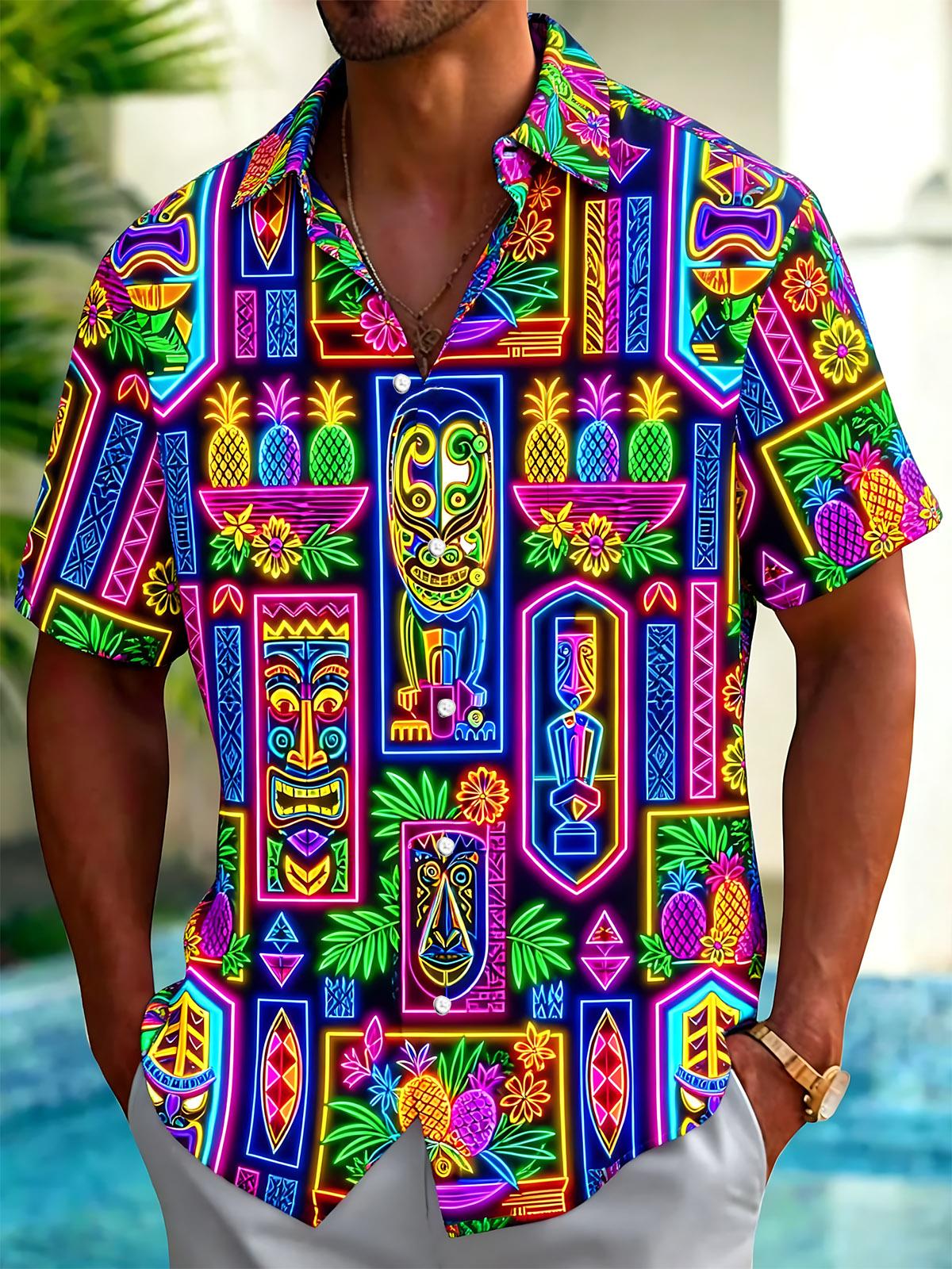 Colorful Tiki Hawaiian Print Men's Pocket Short Sleeve Shirts