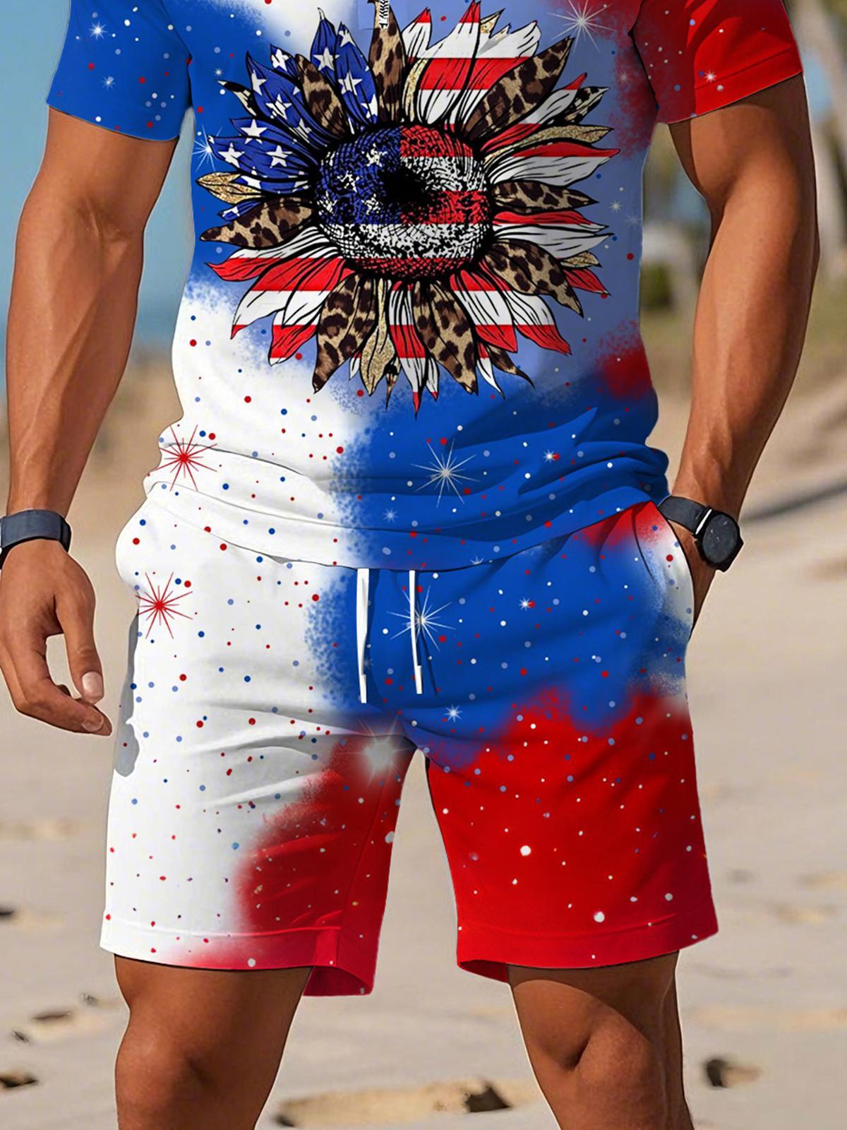 Independence Day Sunflower Gradient Print Men's Short Sleeve Zipper Polo Set