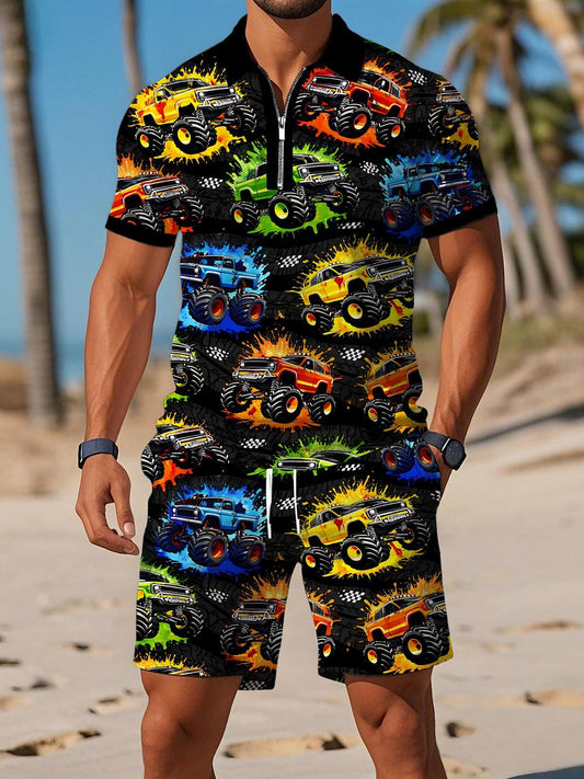 Car Print Men's Short Sleeve Zipper Polo
