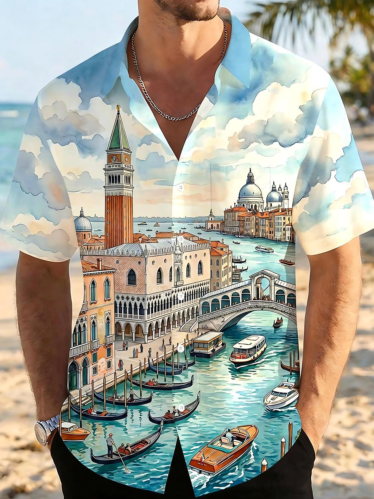 Boat Map Castle Men's Pocket Short Sleeve Shirts
