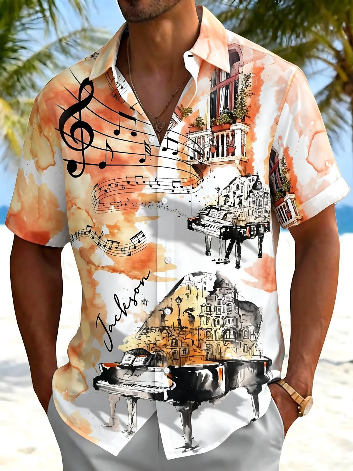 Tie Dye Music Piano Note Print Men's Pocket Short Sleeve Shirts