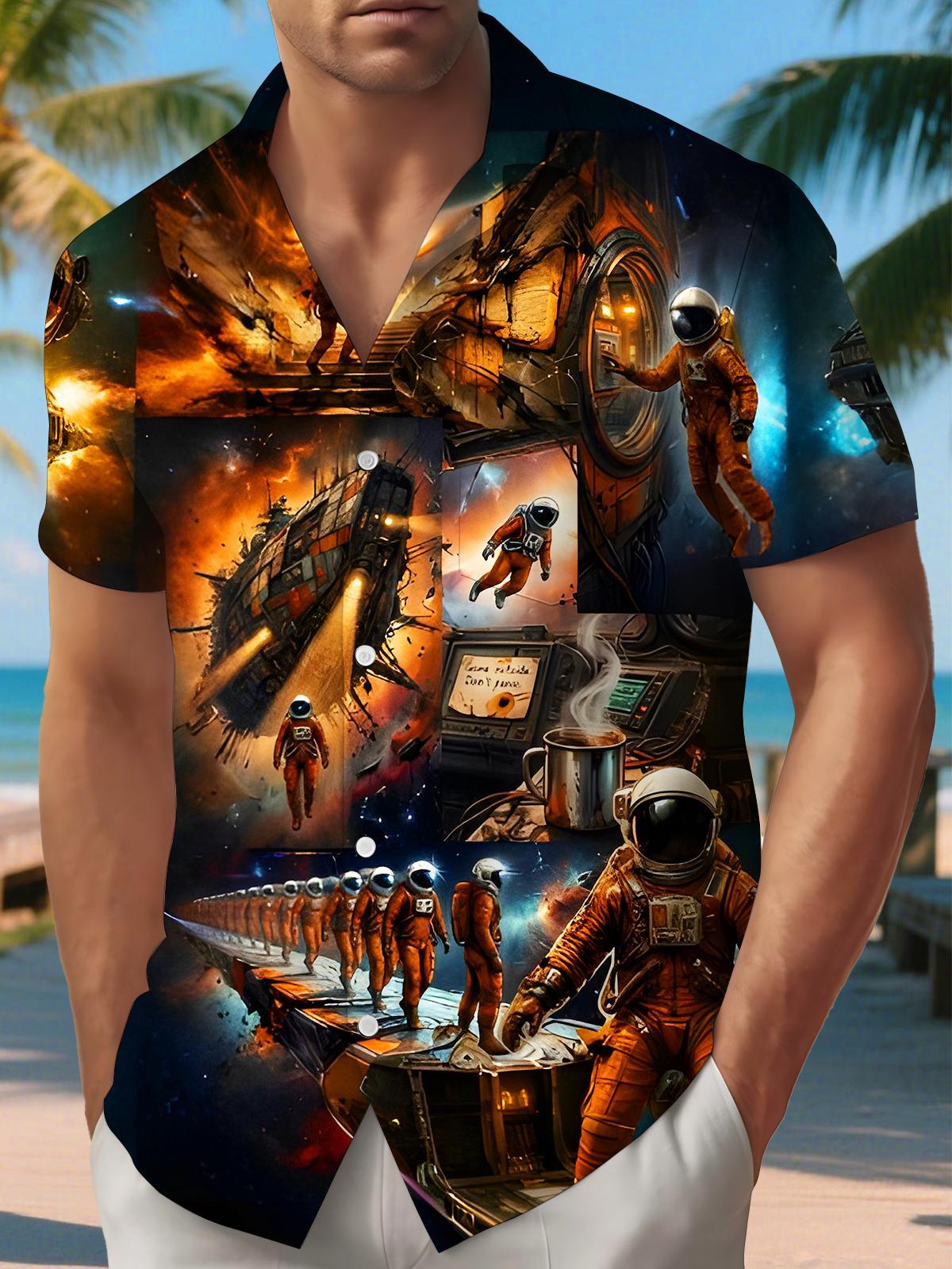 Dark Retro Sci-Fi Astronaut Men's Pocket Short Sleeve Shirts
