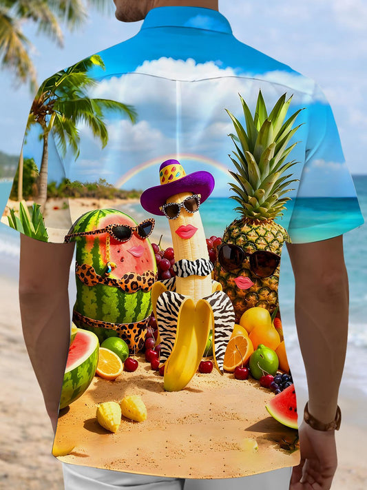 Fun Hawaiian Beach Party Anthropomorphic Fruit Men's Pocket Short Sleeve Shirts