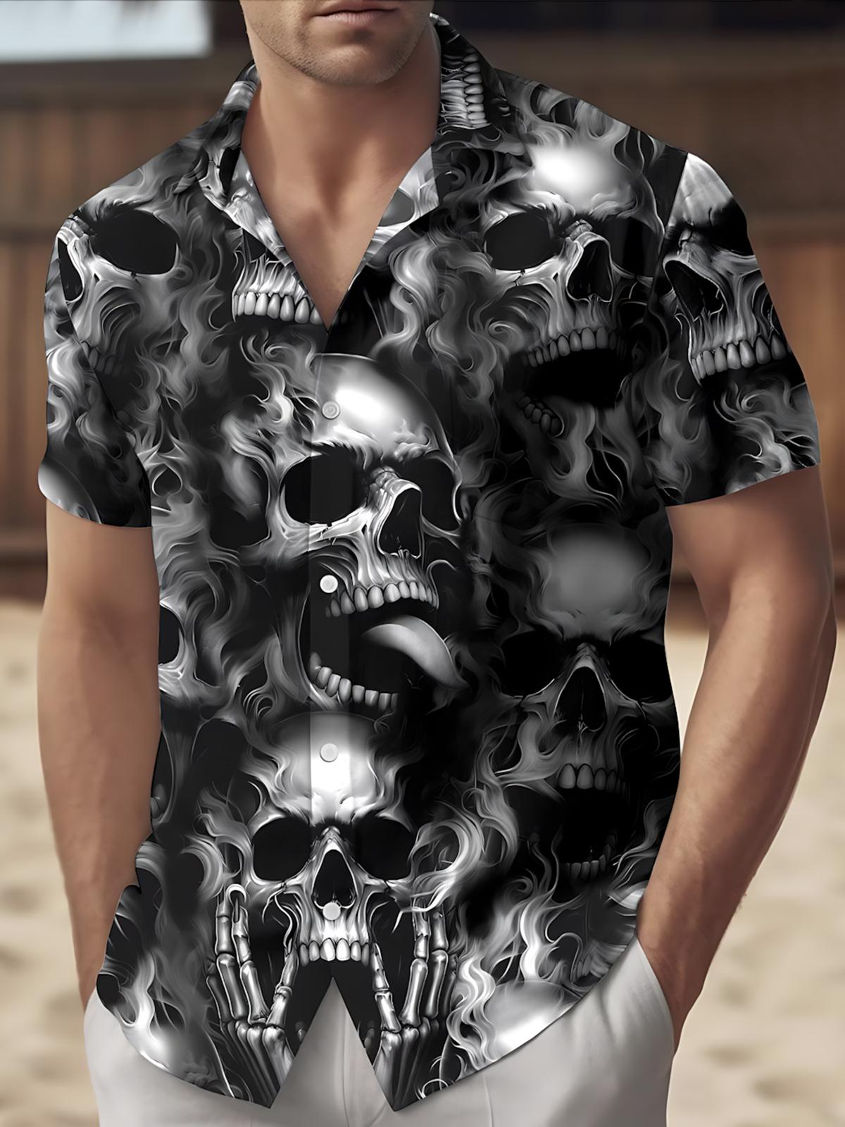 Skull Print Men's Pocket Short Sleeve Shirts