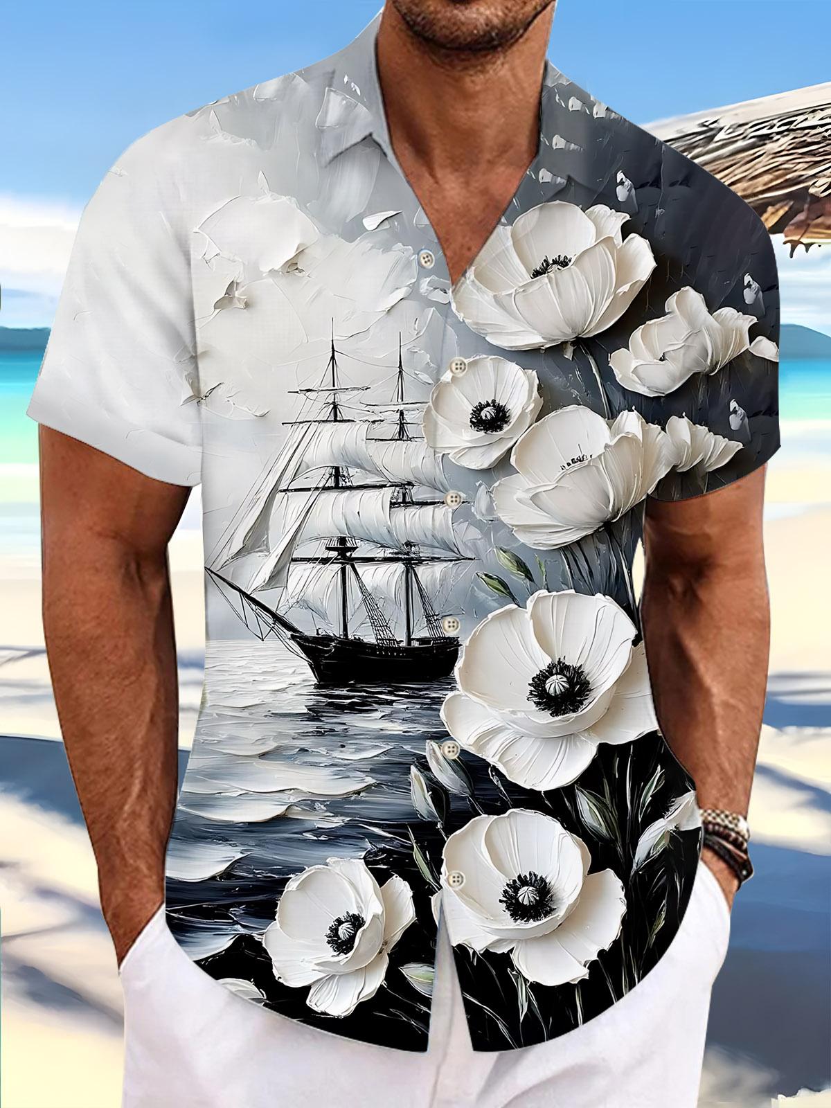 Flower Boat Print Men's Pocket Short Sleeve Shirts