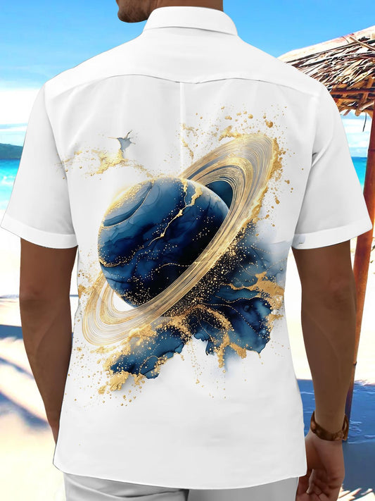 Blue Saturn Gold Foil Art Men's Pocket Short Sleeve Shirts