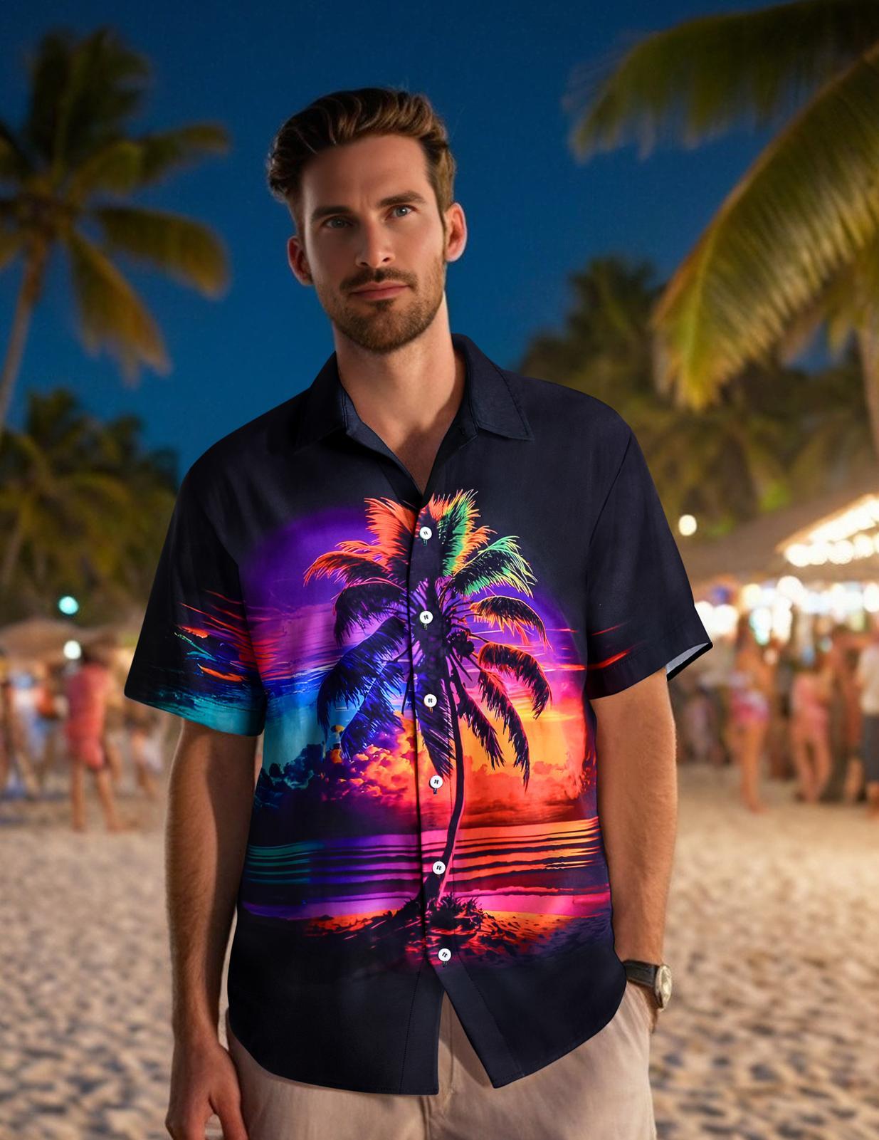 Mens Hawaiian Shirts Palm Tree Sunset Casual Shirts Short Sleeve Beach Vacation Clothes for Travel Vacation Daily Wear agreeable