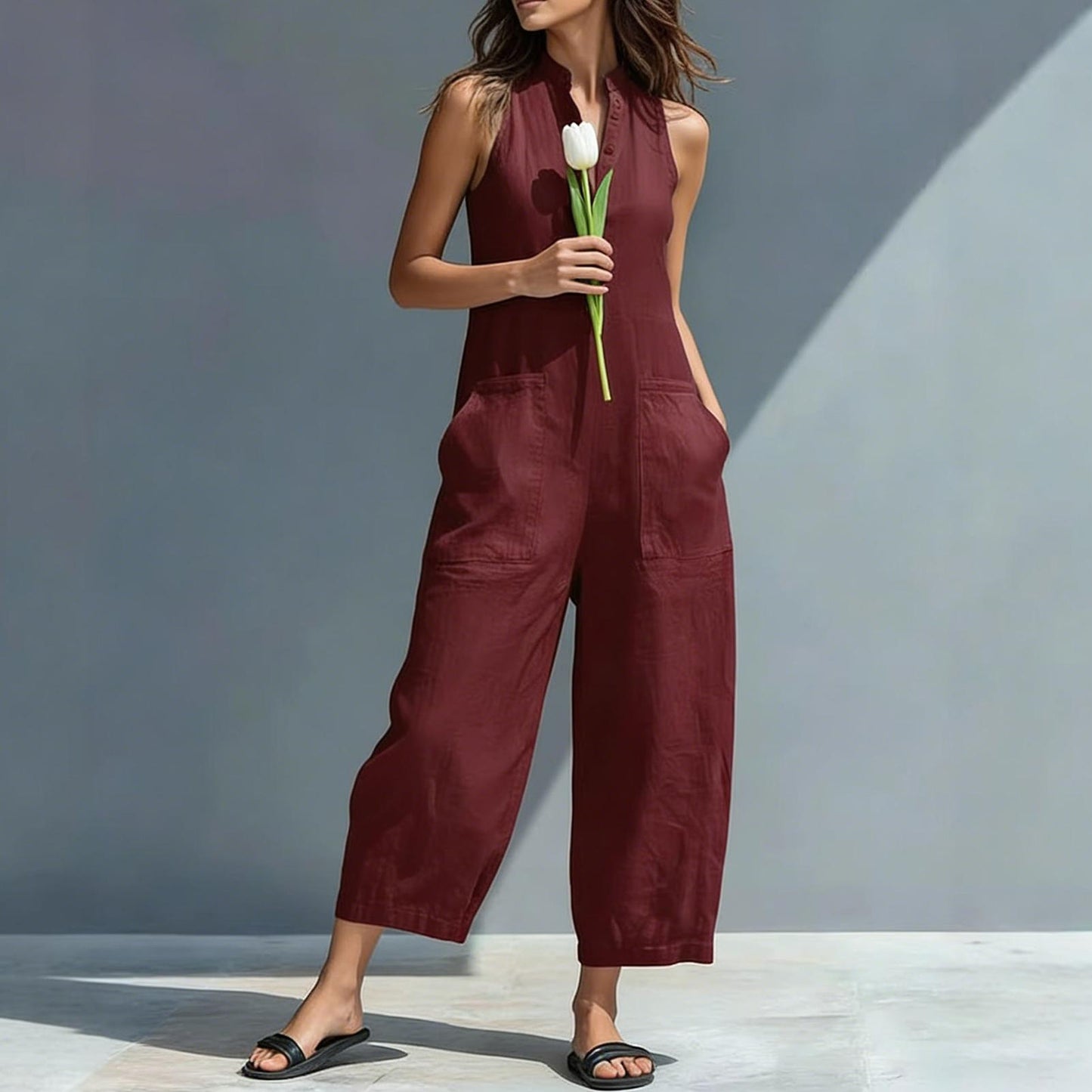Sleeveless Jumpsuits for Women Button Front Stand Collar Sleeveless Loose Wide Leg Jumpsuit for Vacation charmingly