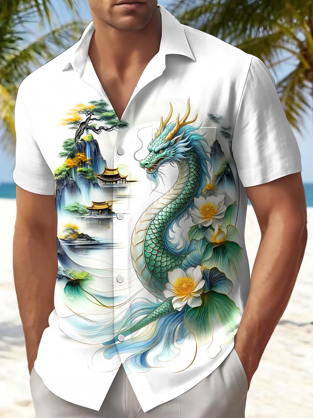 Dragon Mountain Landscape Lotus Men's Pocket Short Sleeve Shirts