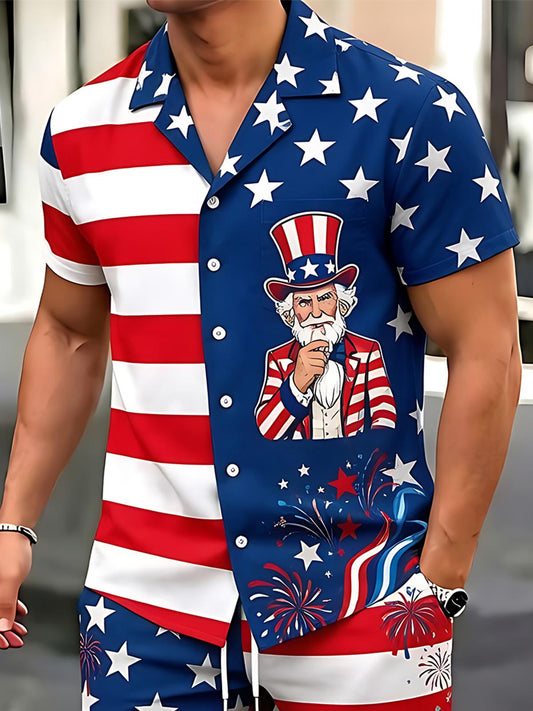 Independence Day Uncle Sam American Flag Split Men's Pocket Short Sleeve Set