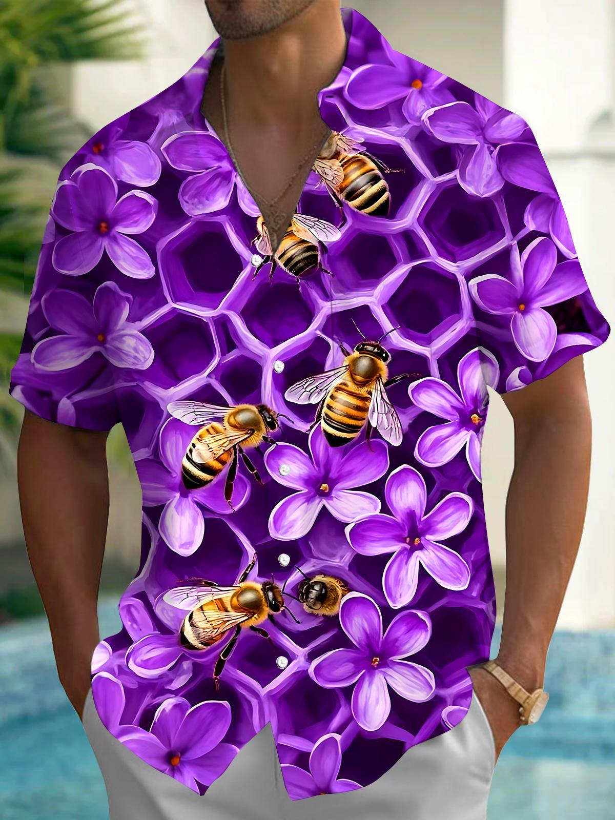 Hawaiian Floral Bee Men's Pocket Short Sleeve Shirts