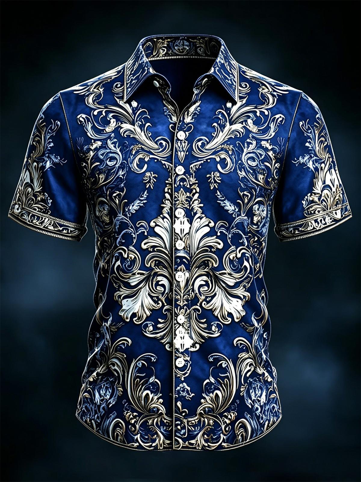 Blue And Gold Baroque Men's Pocket Short Sleeve Shirts