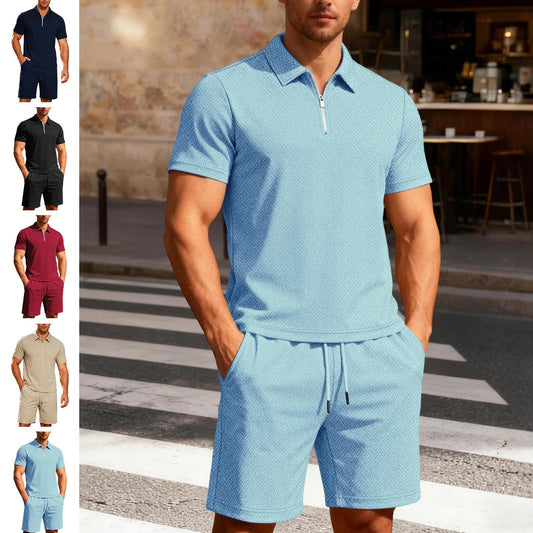 Mens Short Sets 2 Piece Outfits Textured 2 Piece Short Sleeve Collared Quarter Zip Sweatsuit Sets for Travel efficient