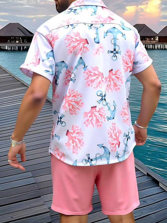 Hawaiian Floral Marine Anchor Men's Short Sleeve Pocket Shirts And Shorts Set