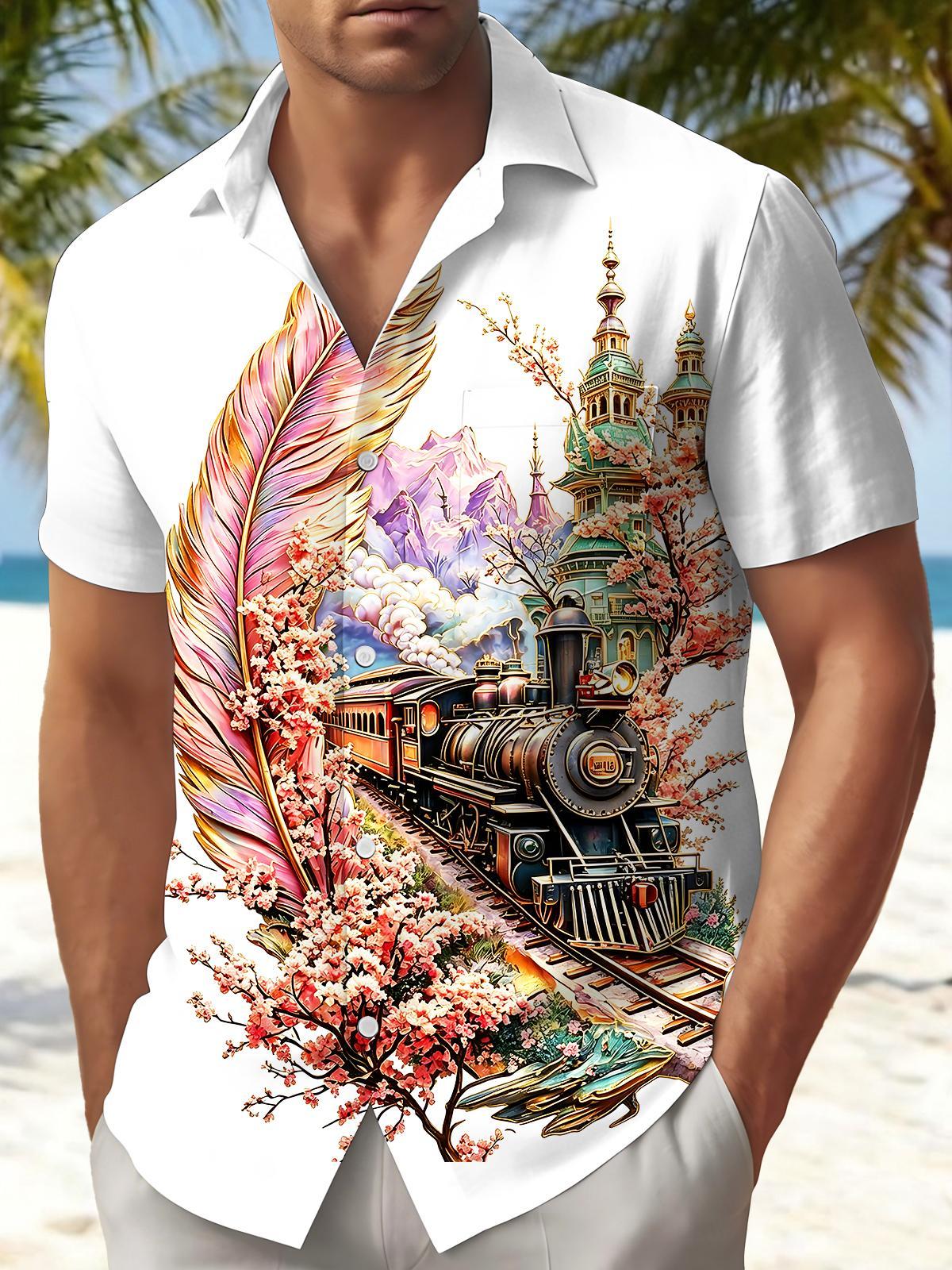 Art Vintage Steam Train Cherry Blossom Feather Castle Scenery Men's Pocket Short Sleeve Shirts