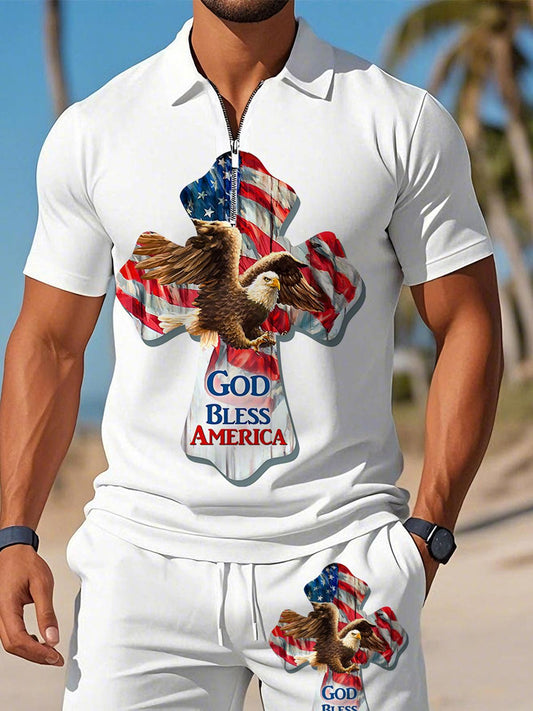Independence Day Eagle Cross Print Men's Short Sleeve Zipper Polo Set