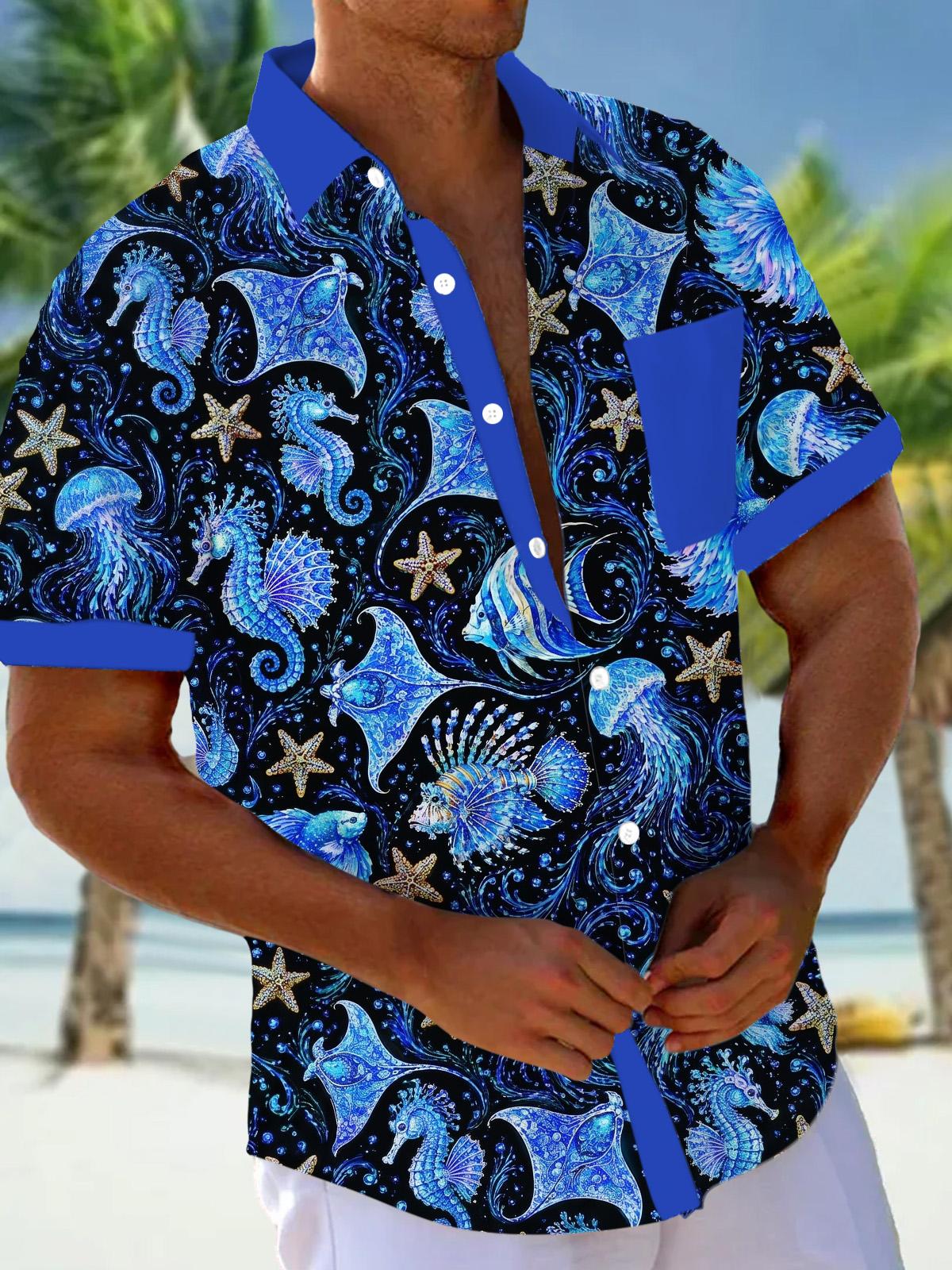 Marine Life Print Men's Pocket Short Sleeve Shirts