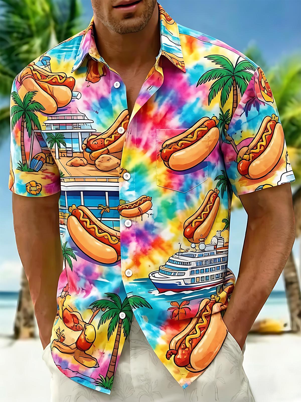 Hawaiian Colorful Tie-Dye Hot Dog Cruise Vacation Men's Pocket Short Sleeve Shirts
