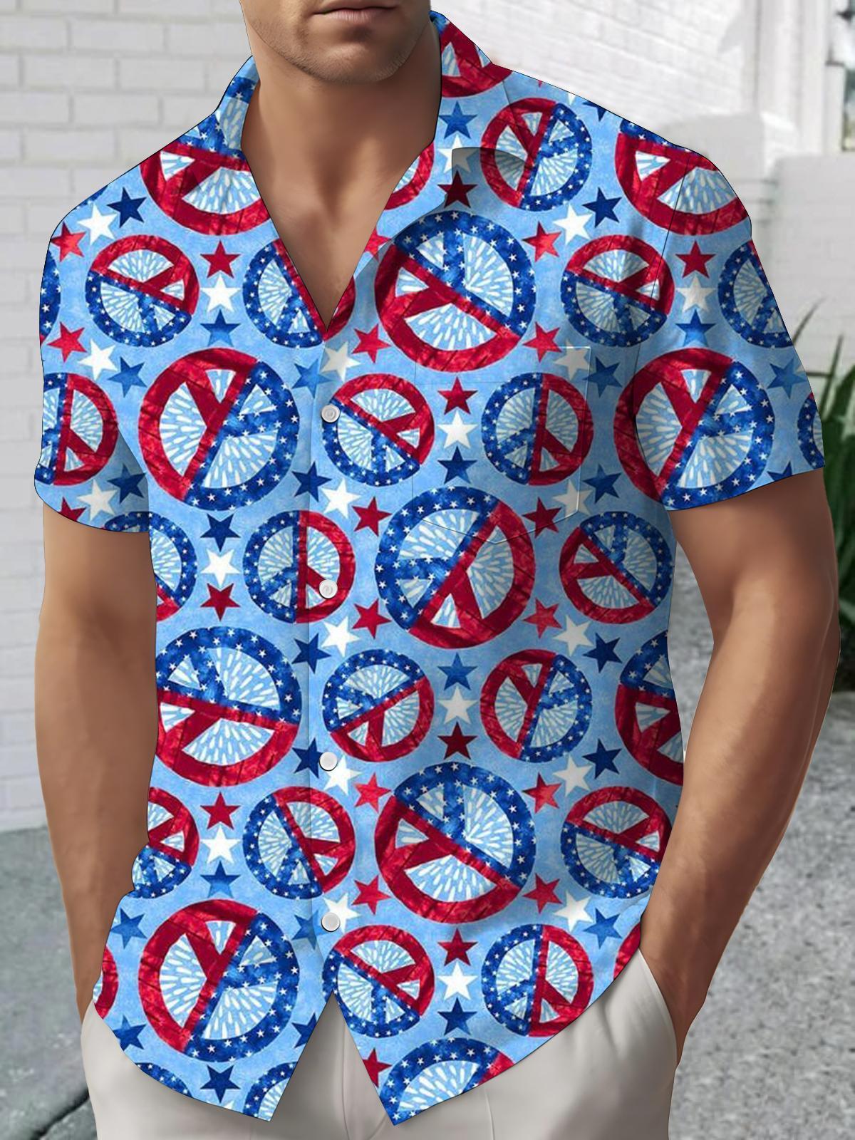 Independence Day American Flag Hippie Peace Sign Print Men's Pocket Short Sleeve Shirts