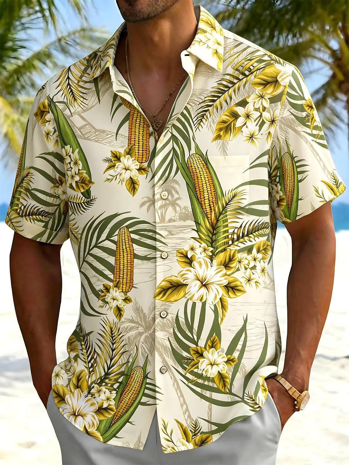 Corn Flower Print Men's Pocket Short Sleeve Shirts