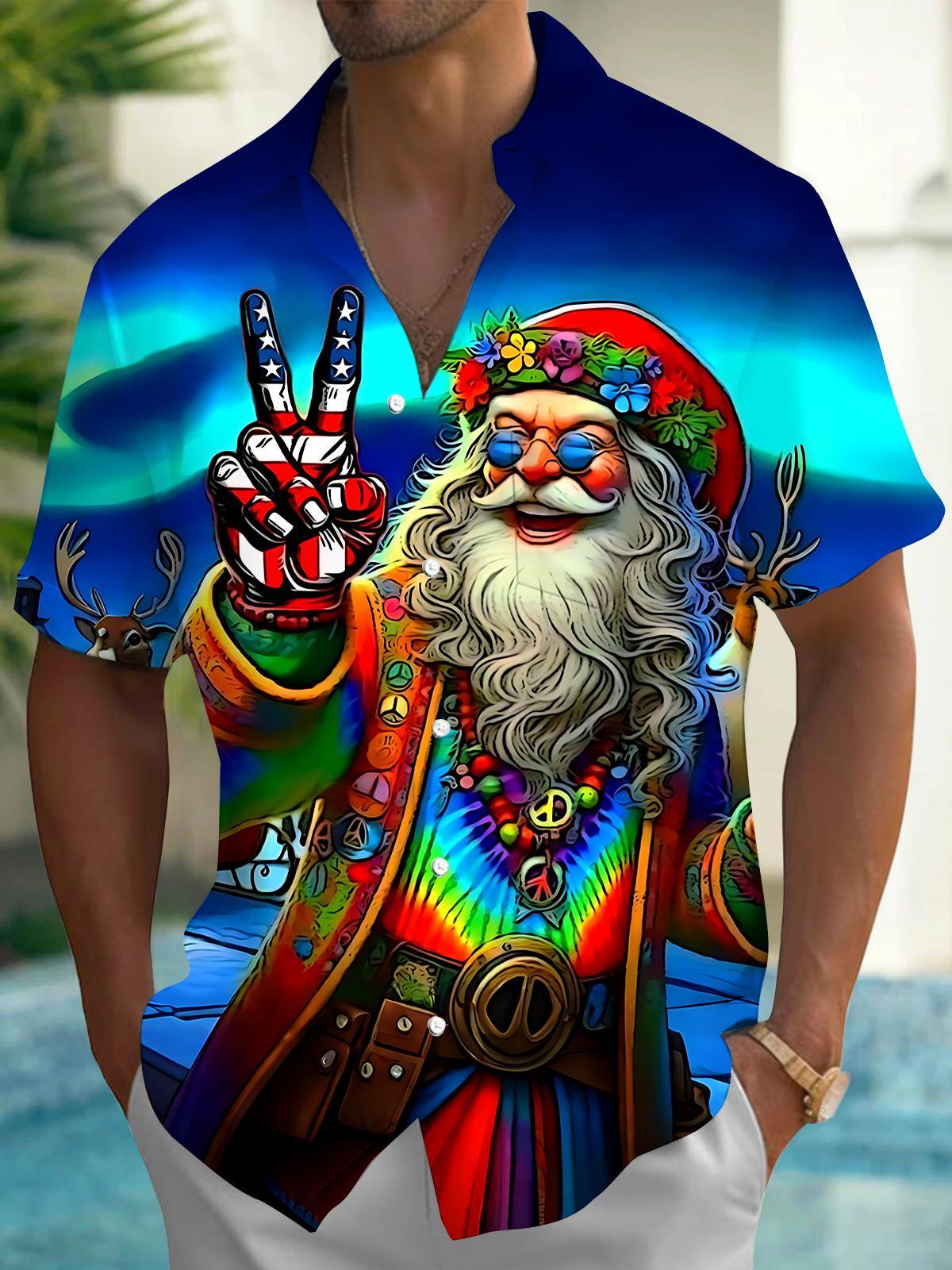 Hippie Santa Claus American Flag Men's Pocket Short Sleeve Shirts