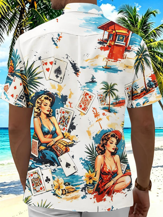 Hawaiian Gradient Poker Cards Vintage Beauties And Leaf Men's Pocket Short Sleeve Shirts