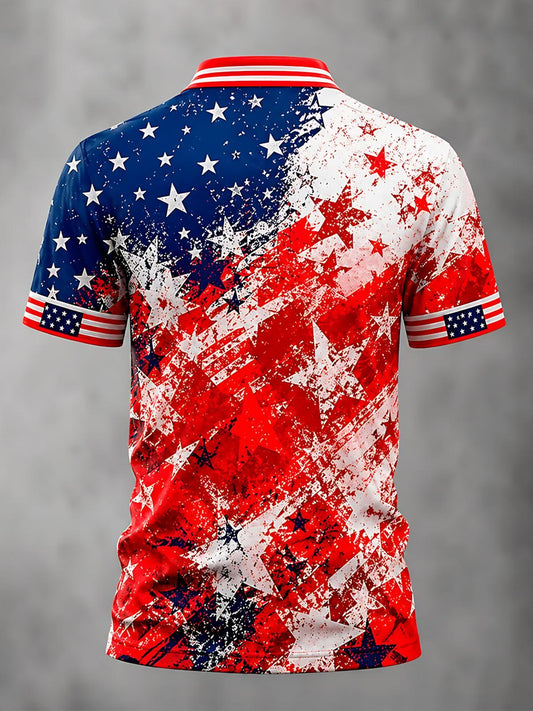 Independence Day American Flag Print Men's Short Sleeve Button Polo Shirt