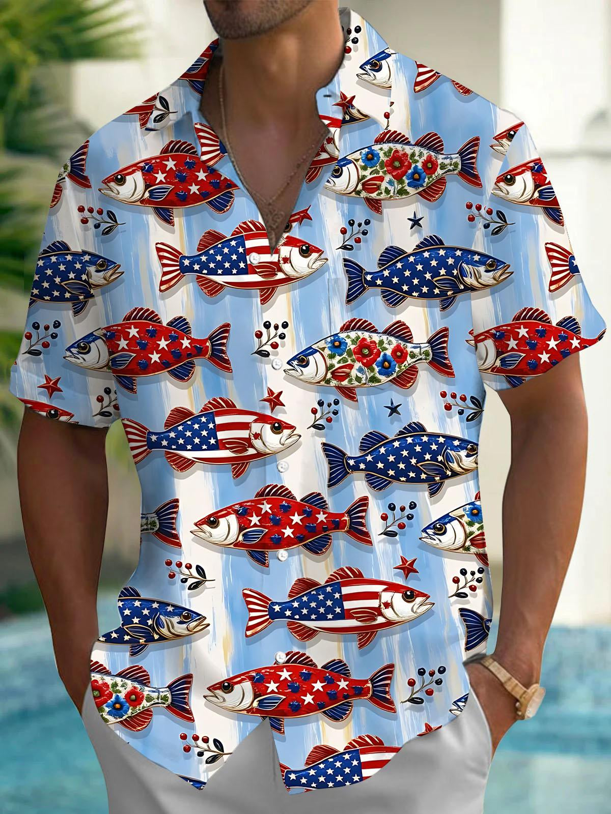 Independence Day American Flag Fish Print Men's Pocket Short Sleeve Shirts