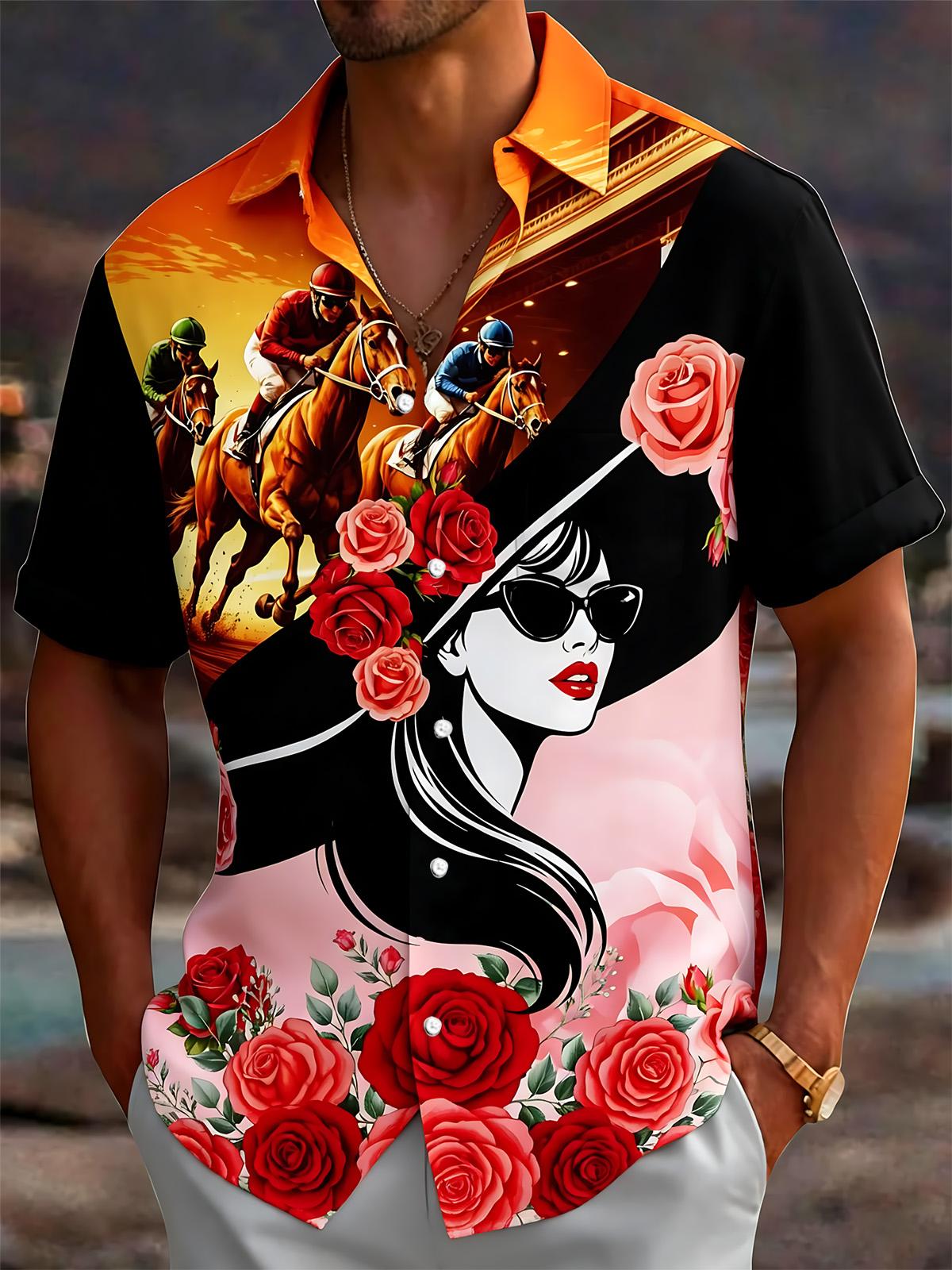 Horse Racing Face Flower Print Men's Pocket Short Sleeve Shirts