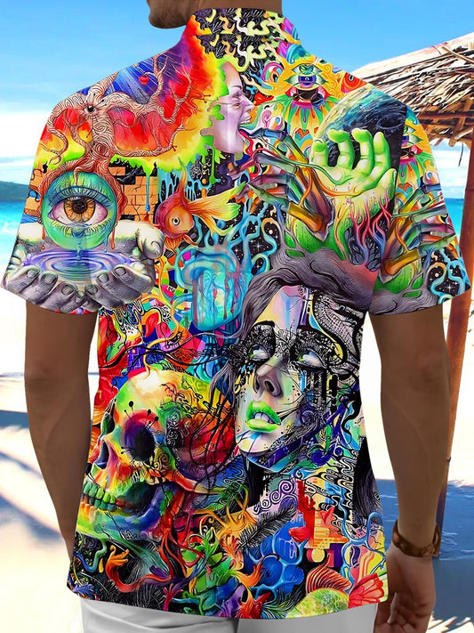 Abstract Face Skull Art print Men's Pocket Short Sleeve Shirts