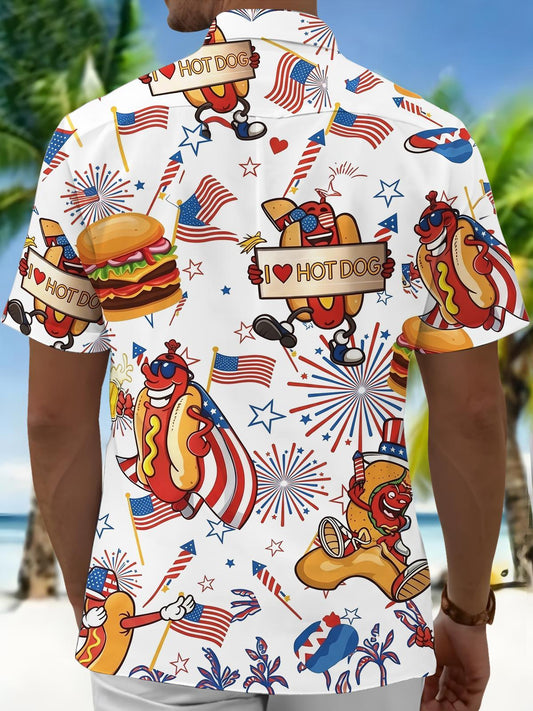Fun American Flag Hot Dog And Burger Independence Day Men's Pocket Short Sleeve Shirts