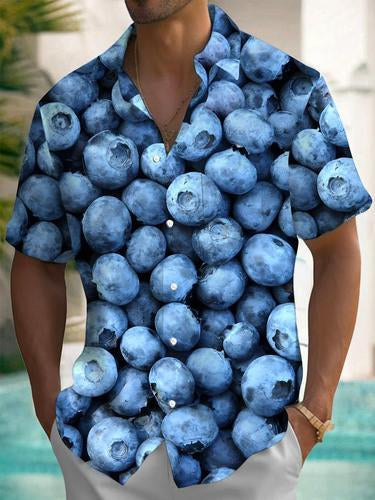 Beach Shirts for Men Blueberry Print Loose Short Sleeve Button Shirts Fashion Summer Clothes for Vacation Daily Wear premium