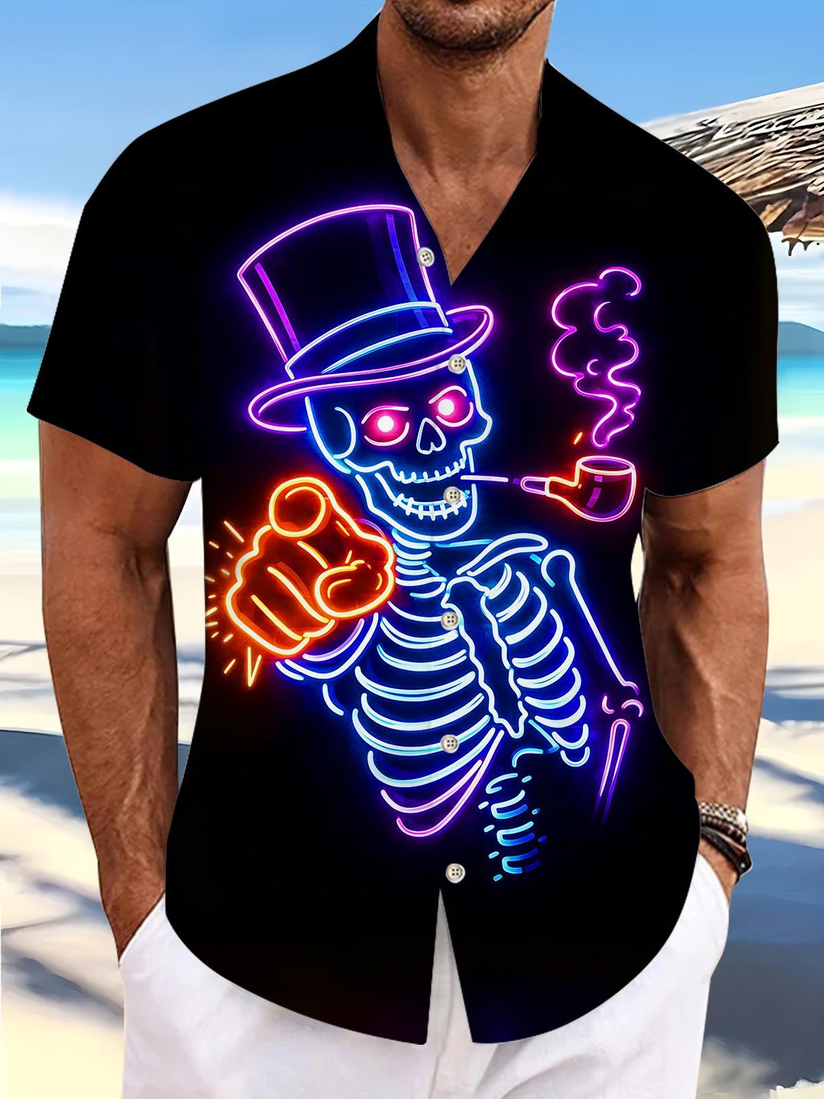 Dark Neon Colorful Skeleton Gentleman Men's Pocket Short Sleeve Shirts