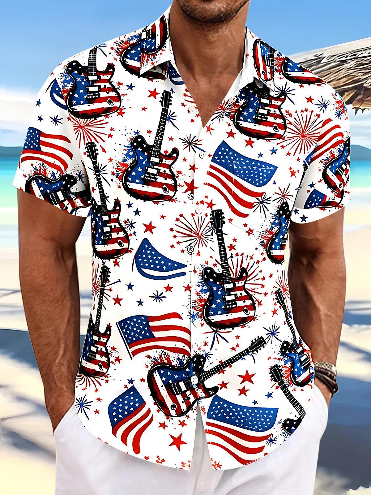 American Flag Guitar Fireworks Men's Pocket Short Sleeve Shirts