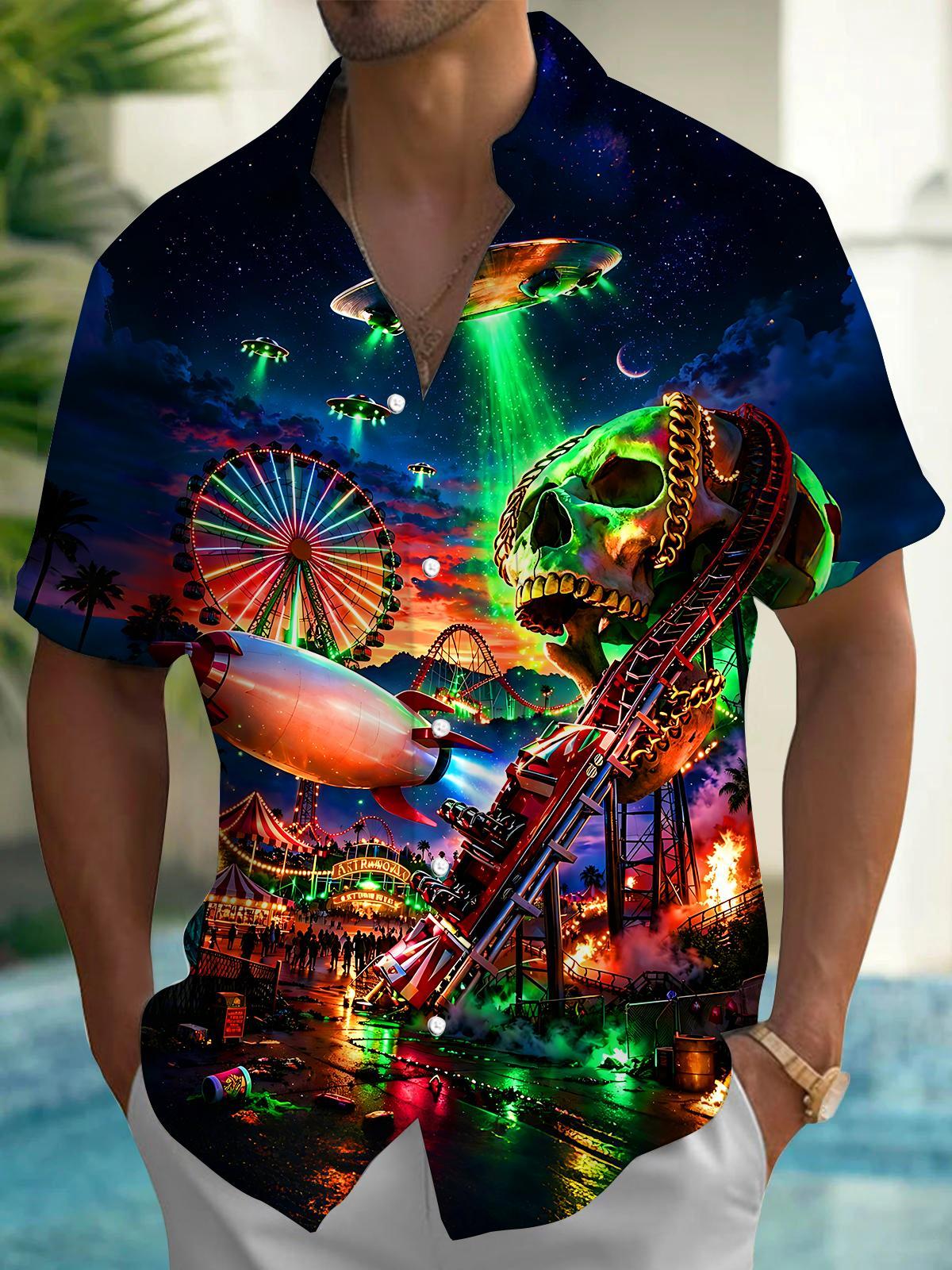 Dark Retro Carnival Skull UFO Night Scene Men's Pocket Short Sleeve Shirts