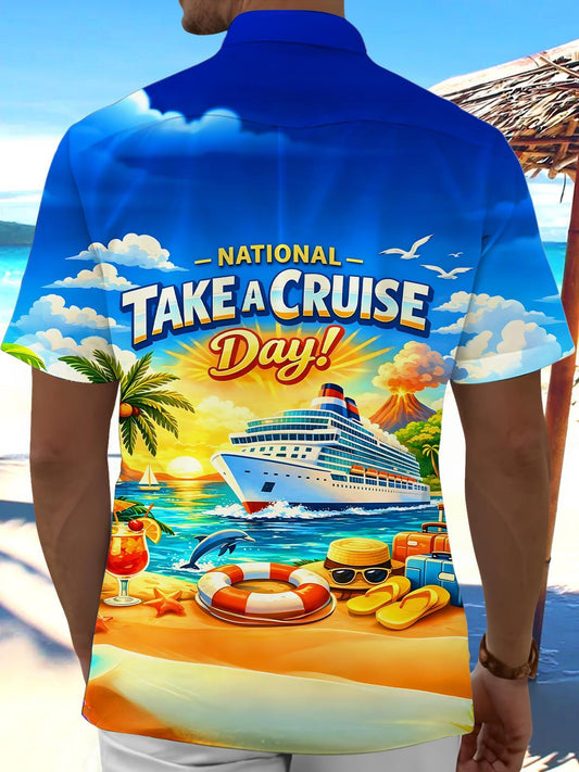 Hawaiian Cruise Ship Coconut Trees Beach Men's Pocket Short Sleeve Shirts